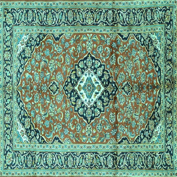 Ahgly Company Machine Washable Indoor Square Medallion Turquoise Blue Traditional Area Rugs, 6' Square