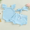 thumbnail image 3 of Infant Baby Girl Summer Clothes Ribbed Ruffle Sleeveless Romper Drawstring Bloomer Shorts Headband Outfits Blue 0-3 Months, 3 of 7