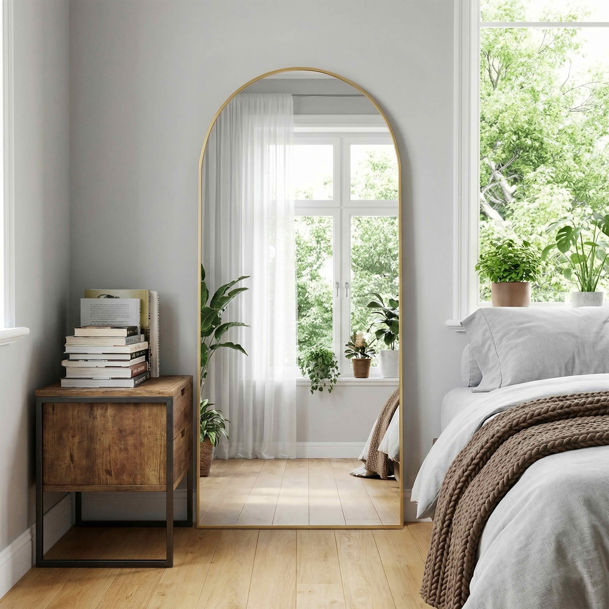 MAYEERTY 75x36x1 Inch Gold Thin Edge Aluminum Right Angle Arched Full Length Mirror with Stand for Bedroom