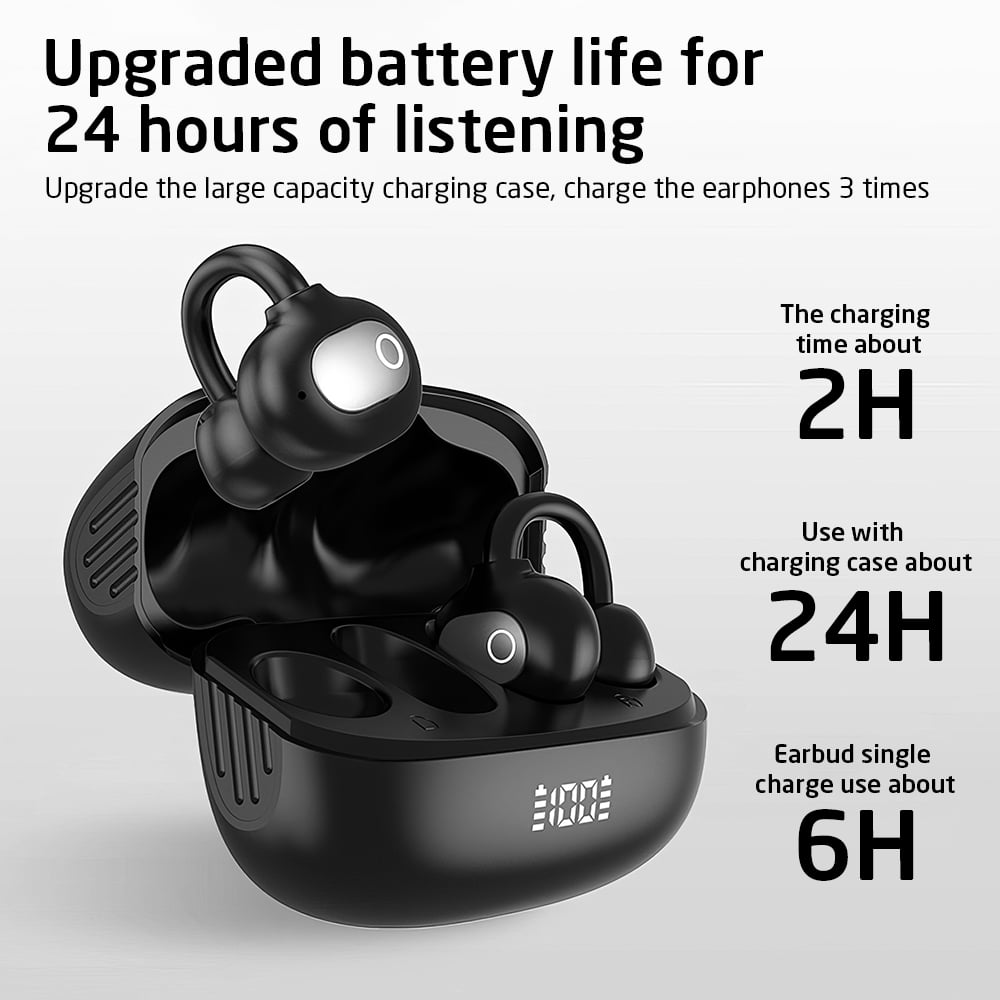 VTIN S75 Bluetooth 5.4 Ear Clip Headphones - Black Digital Display, Touch-Free Control, 6H/24H Battery, Dual Master Earbuds Semi-In-Ear with Instant Pairing & Type-C Charging