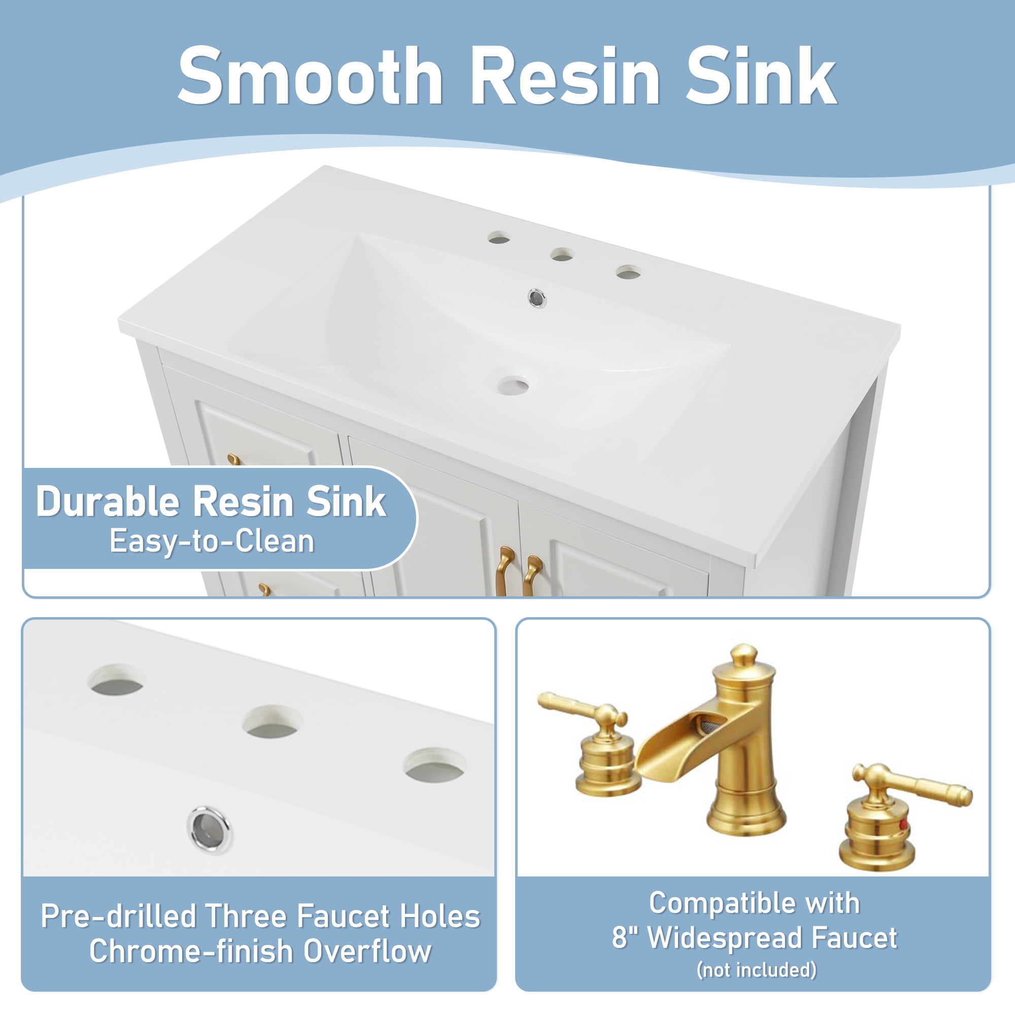 Euroco 36-Inch Freestanding Bathroom Vanity with Resin Sink, Soft-Close Drawers and Cabinet, Gold Handles, Open-Back Design