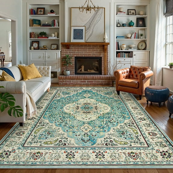 Wonnitar Floral Medallion Area Rug - 6x9 Area Rug for Bedroom Washable Dining Room Rug, Vintage Printed Non Slip Low Pile Nursery Carpet for Office Powder Room Living Room, Sky/Baby Blue