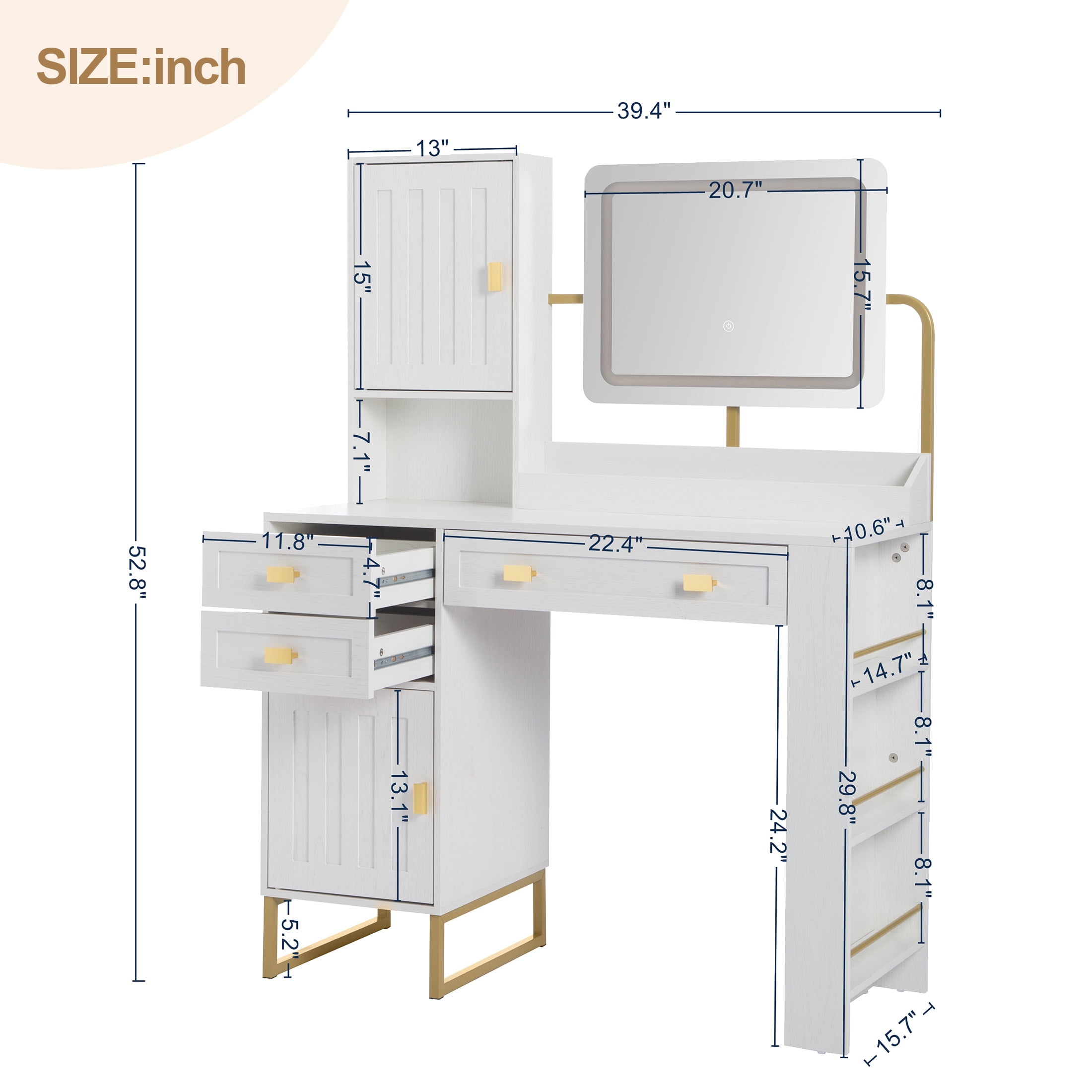 Aukfa Vanity Desk with Mirror & Side Rack,Makeup LED Vanity Table for Bedroom,White