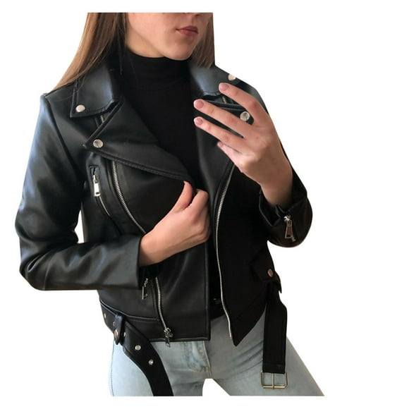 Women Cool Faux Leather Jacket Long Sleeve Zipper Fitted Coat Fall Short Jacket Women'S Fleece Jackets & Coats Black L