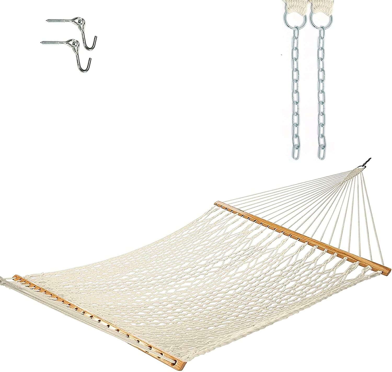 Photo 1 of Castaway Living 13 ft. Double Traditional Hand Woven Cotton Rope Hammock with Free Extension Chains Tree Hooks