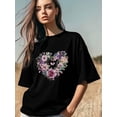 thumbnail image 3 of Camiseta de mujer, camisetas de manga corta, camisetas casuales, camisetas de cuello redondo con flores y corazones de amor para mujer, 3 of 8