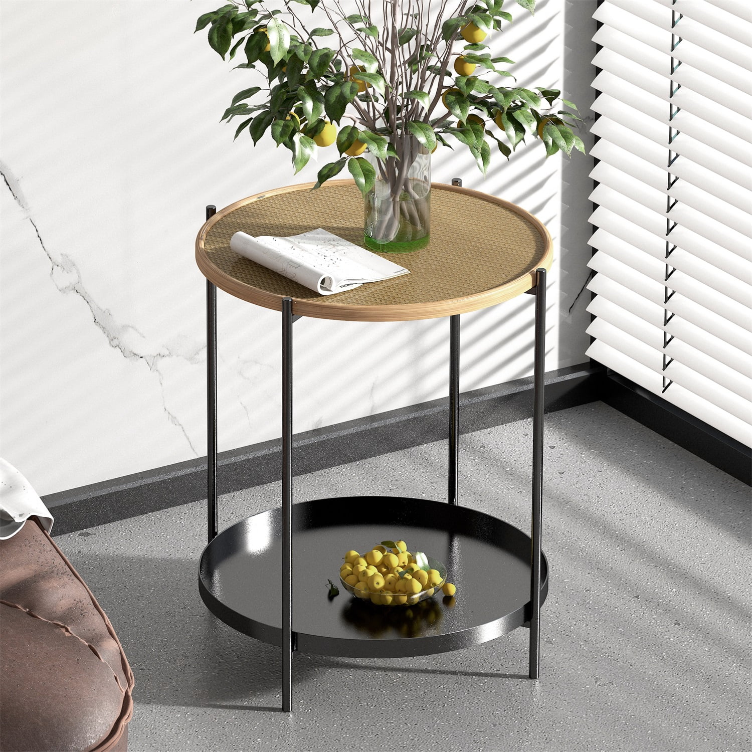 Resenkos 2 Tier Modern Rattan Metal Round End Table Accent Table, Natural
