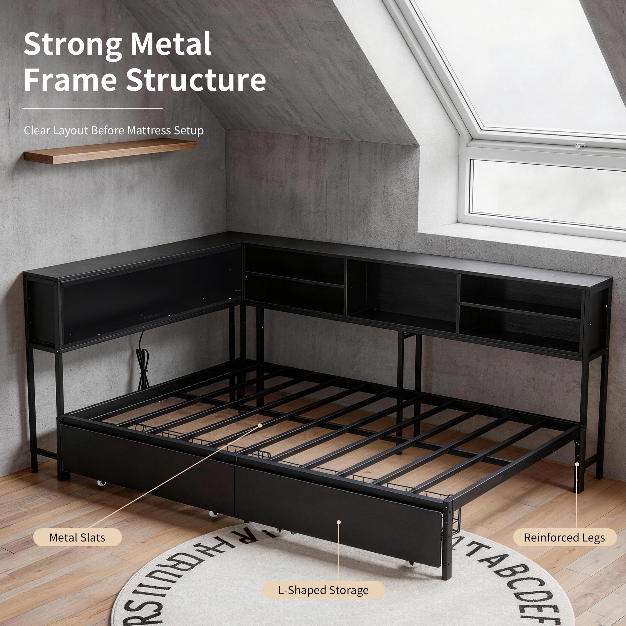 Leumius Corner Bed Frame with Storage Bookcase, Full Daybed with LED Lights & 2 Drawers, Metal Platform Bed with Headboard and Charging Station for Bedroom Guest Room Black