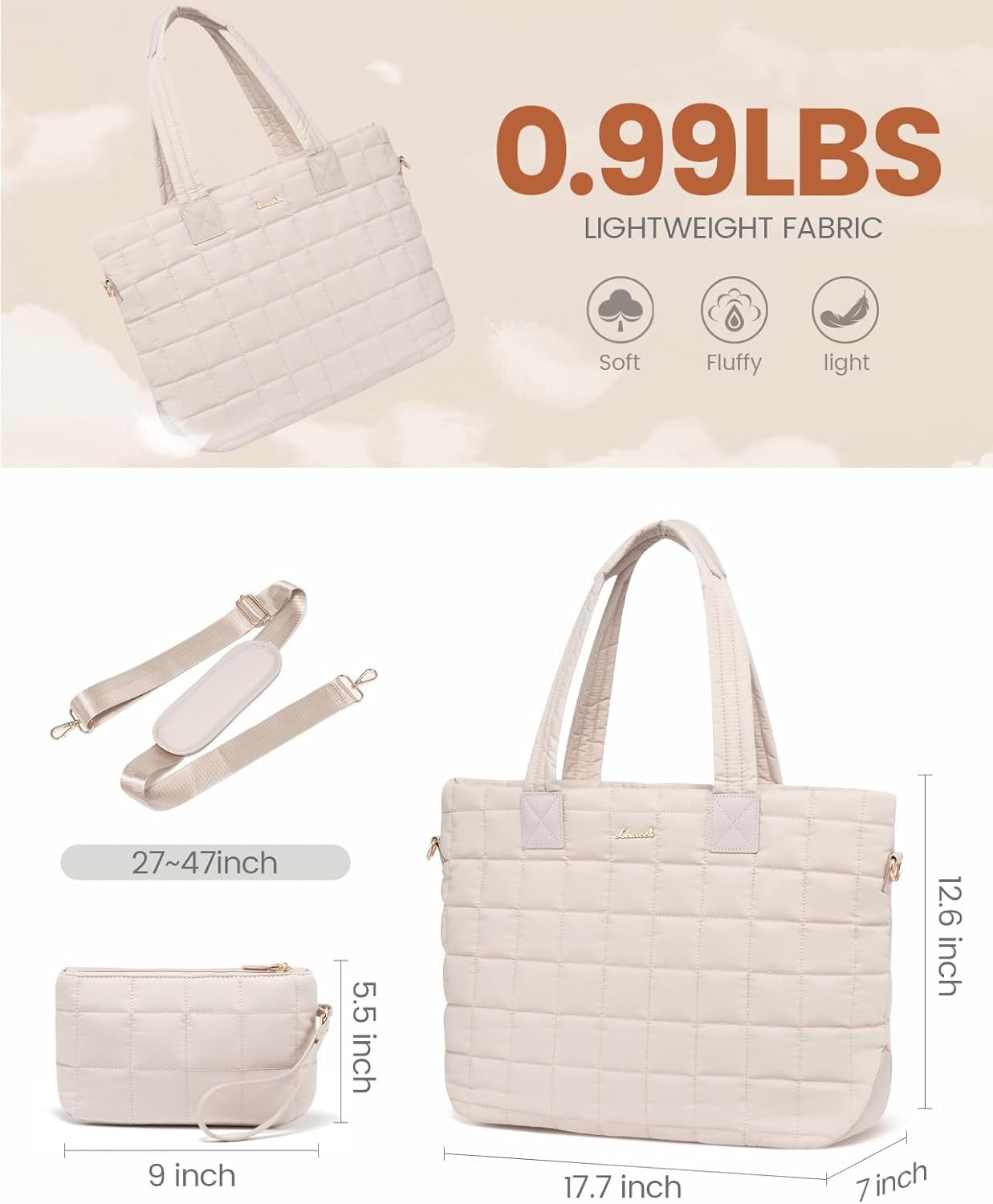 Lovevook Puffer Tote Bag for Women, Quilted Work Tote Bag Fits 15.6 In Laptop Compartment, Large Puffy Shoulder Bag Travel Bag for Daily Work Gym Weekend