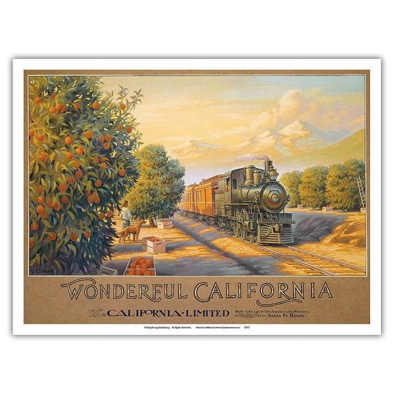 Wonderful California - Atchison Topeka & Santa Fe Railway (ATSF) - Orange Orchards - Vintage Railroad Travel Poster by Kerne Erickson - Master Art Print (Unframed) 9in x 12in
