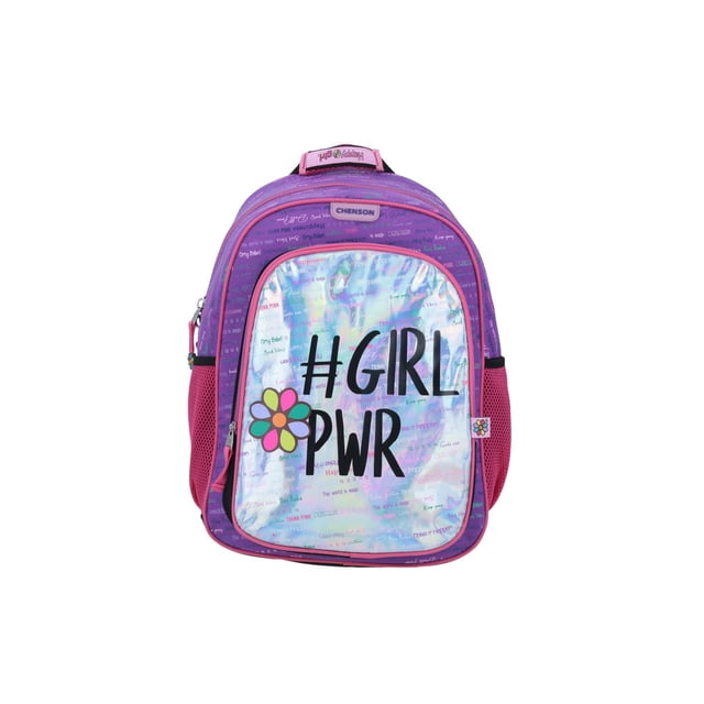 mochila grande escolar morado tessy chenson happy girl porta tablet de hasta 10" chenson hg65261-u vista frontal centrada; mochila morada con bolsillo frontal holográfico que dice 'H GIRL PWR' y flor, bolsillo frontal con cierre, bolsillos laterales de malla, asas al hombro acolchadas, organizador y compartimento principal con cierre, costuras en punto cruz. Apta para tablet de hasta 10".
