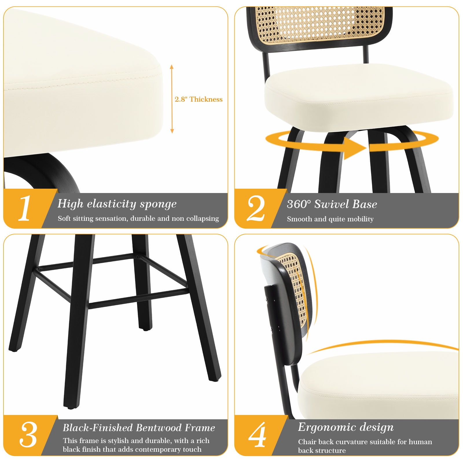 Swivel Counter Height Bar Stools, Set of 4, 29" Seat Height Upholstered PU Leather Barstools with Rattan Back Wood Legs for Home Kitchen Island, Cream White