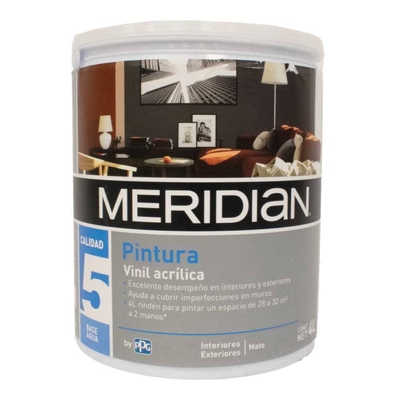 Pintura Meridian Mate para Interiores y Exteriores Vinil Acrílica 4 Litros