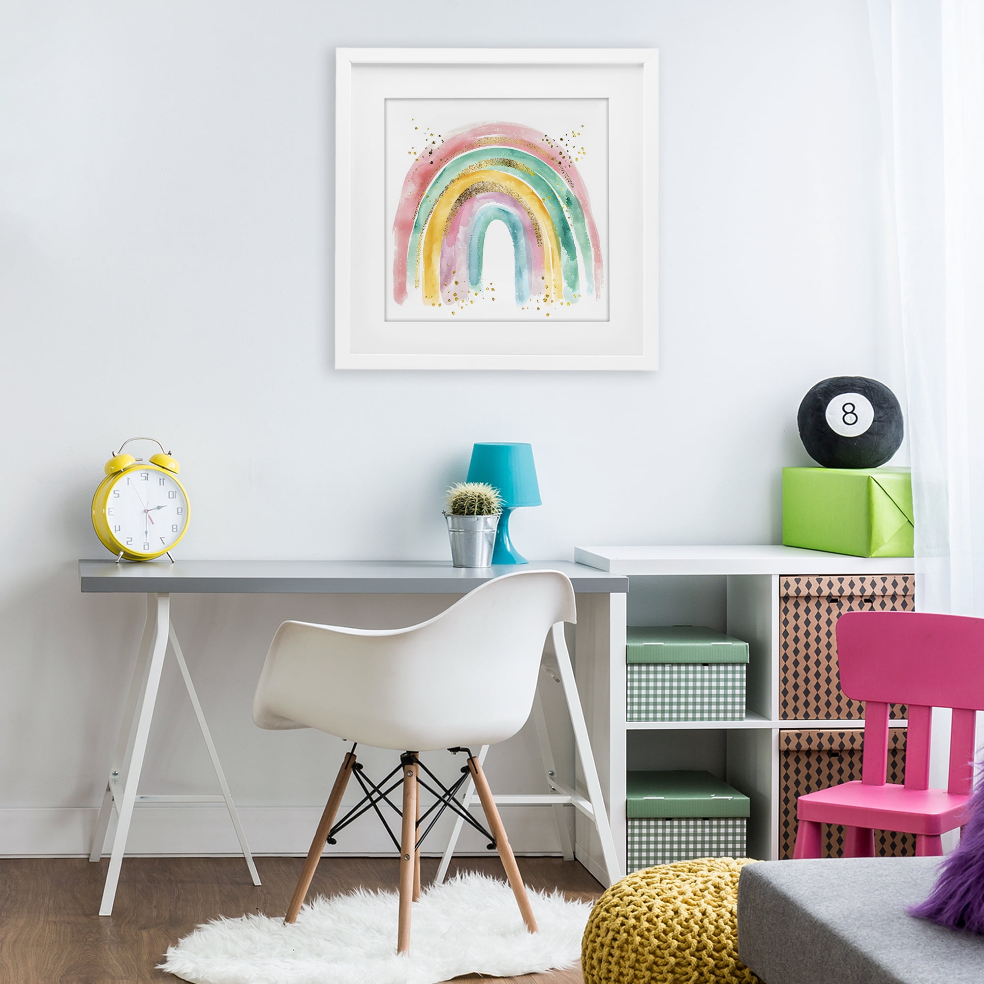 Stupell Industries Pastel Rainbow with Gold Accents White Framed Print Under Glass, design by Creative Studio