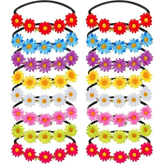16-Piece Floral Headbands Set, Multicolor Adjustable Daisy Flower Crowns with Soft Fabric Blooms & Elastic Band, Bohemian Hair Garland for Women Girls, Festival Wedding Party Accessories