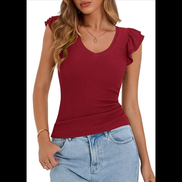 Camiseta de Verano para Mujer, con Cuello en V, Volantes, Sin Mangas, Corte Entallado, Color Vino Tinto M