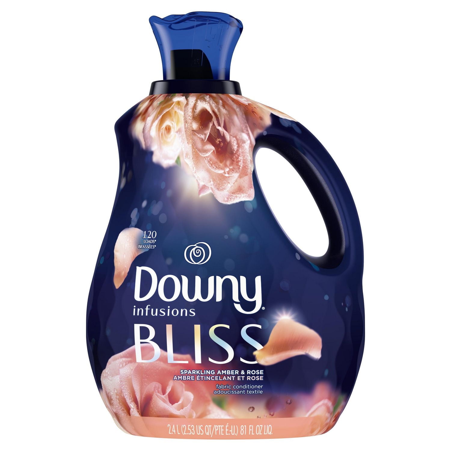 Assouplissant textile liquide Downy Infusions Bliss, parfum Ambre étincelant et rose 120 brassés, 2,4 L