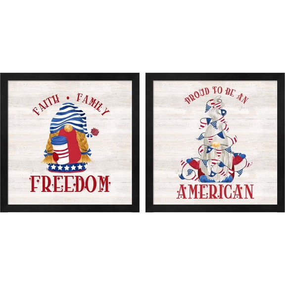 Great Art Now Patriotic Gnomes by Tara Reed, 2 Piece Framed Art Set Each 13"W x 13"H