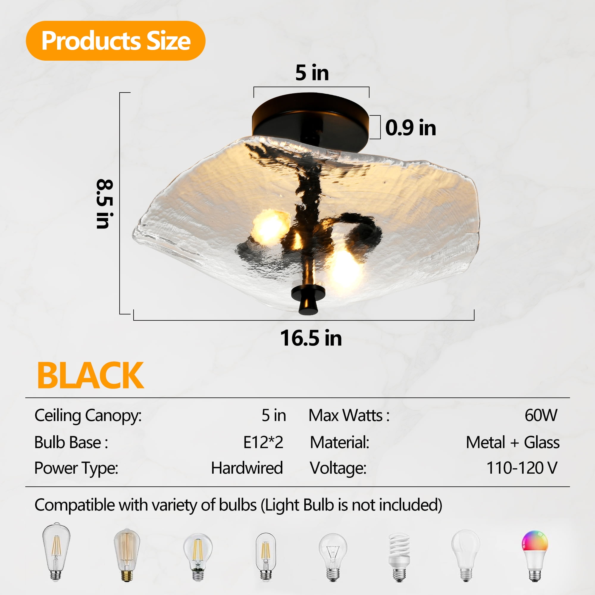 16.5 in. 2-lights Black Flush Mount Ceiling Light Fixtures with Water Ripple Glass Shade