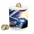 thumbnail image 1 of Space Cat Piggy Bank, Kitten in Suit Planets Nebula Supernova Eclipse Art Cosmos, Ceramic Coin Bank Money Box for Cash Saving, 3.6" X 3.2", Dark Blue Orange, by Ambesonne, 1 of 4