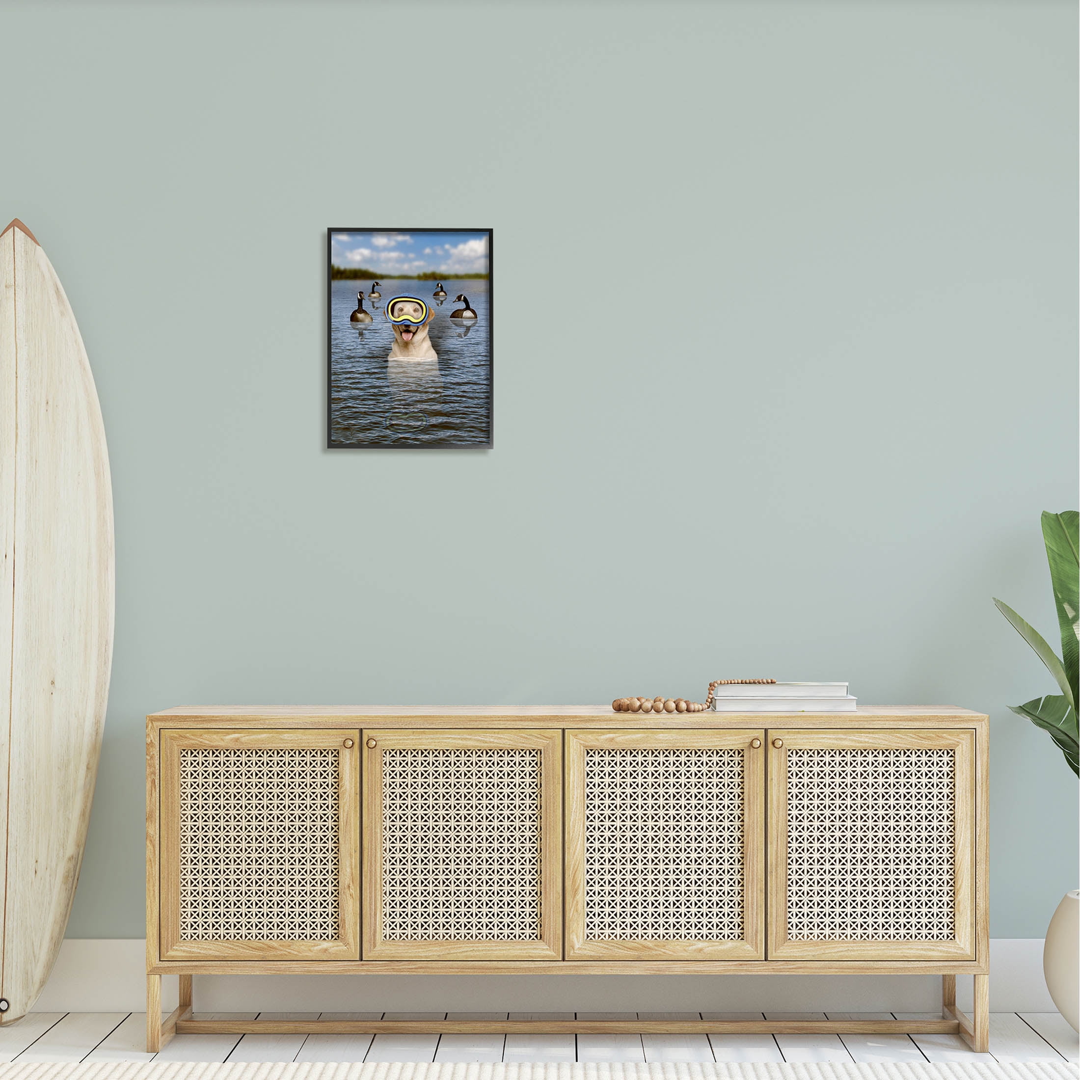 Funny Dog Goggles Swimming Bay Animals & Insects Graphic Art Black Framed Art Print Wall Art