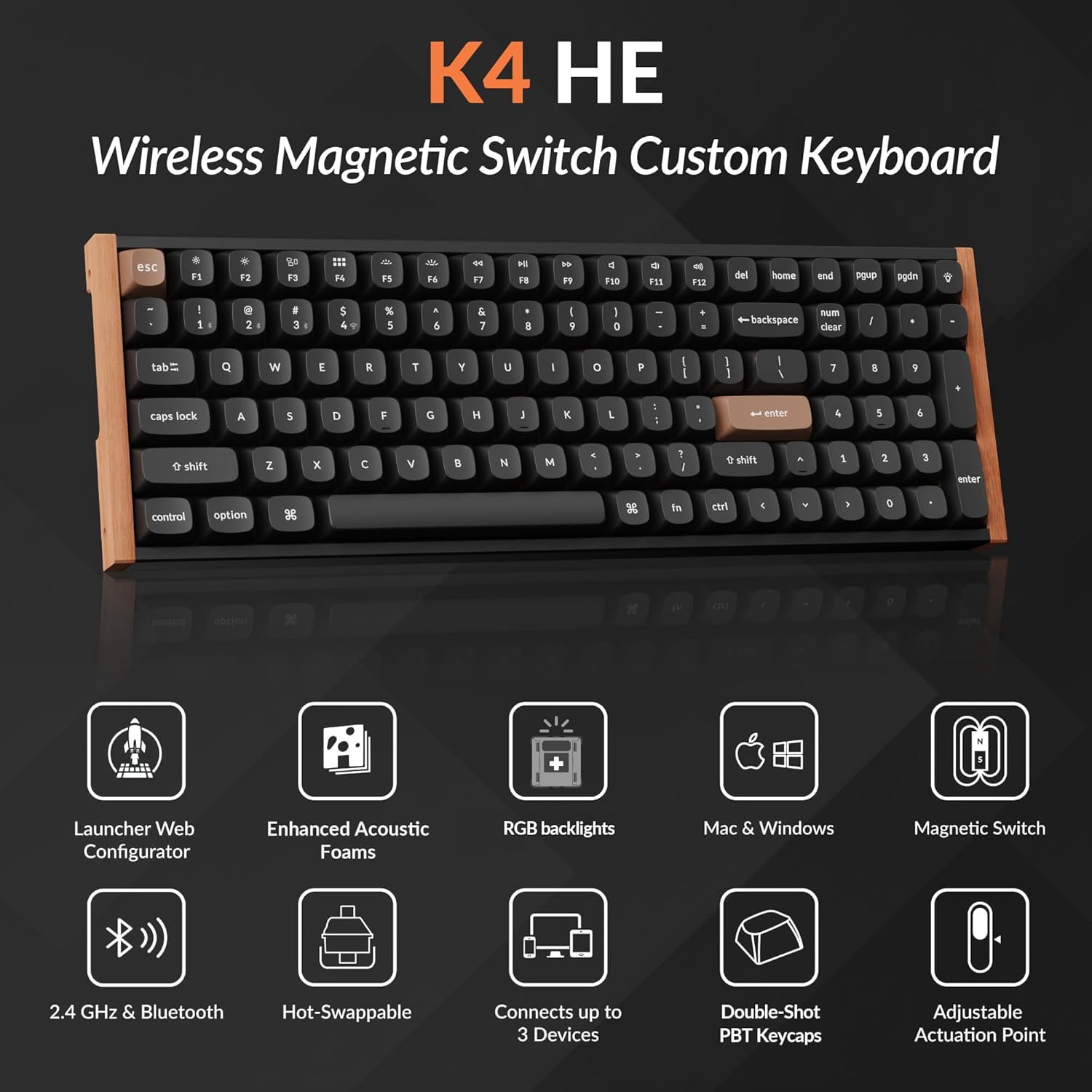 Keychron K4 HE 96% Wireless RGB Magnetic Switch Hall Effect Keyboard, Rapid Trigger, QMK, 2.4G/BT, Black