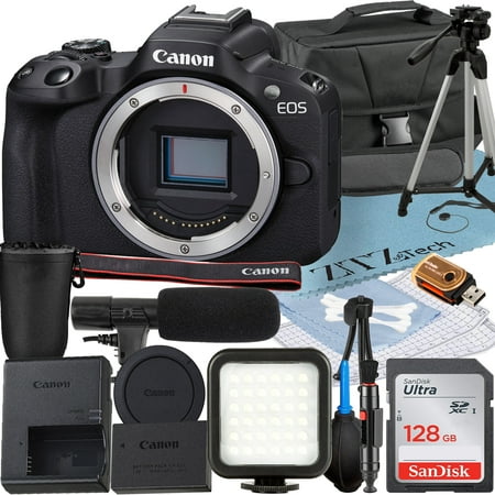 Canon EOS R50 Mirrorless Camera (Body) with SanDisk 128GB Memory Card + Case + LED Flash + ZeeTech Accessory Bundle