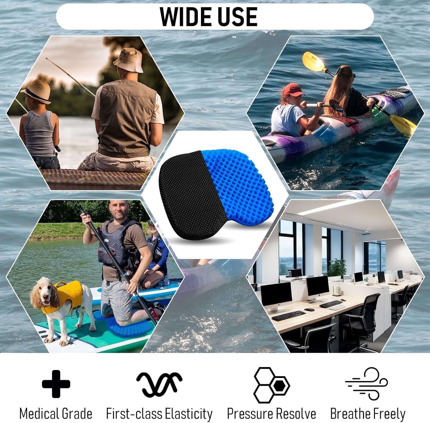 Kayak Seat Cushion, Thicken Anti Slip Waterproof Gel Kayak Seat, Portable Canoe Rowing Rubber Dinghy Pad for Stadium Sit in Kayak Inflatable Fishing Kayak Canoe Kayak Accessories