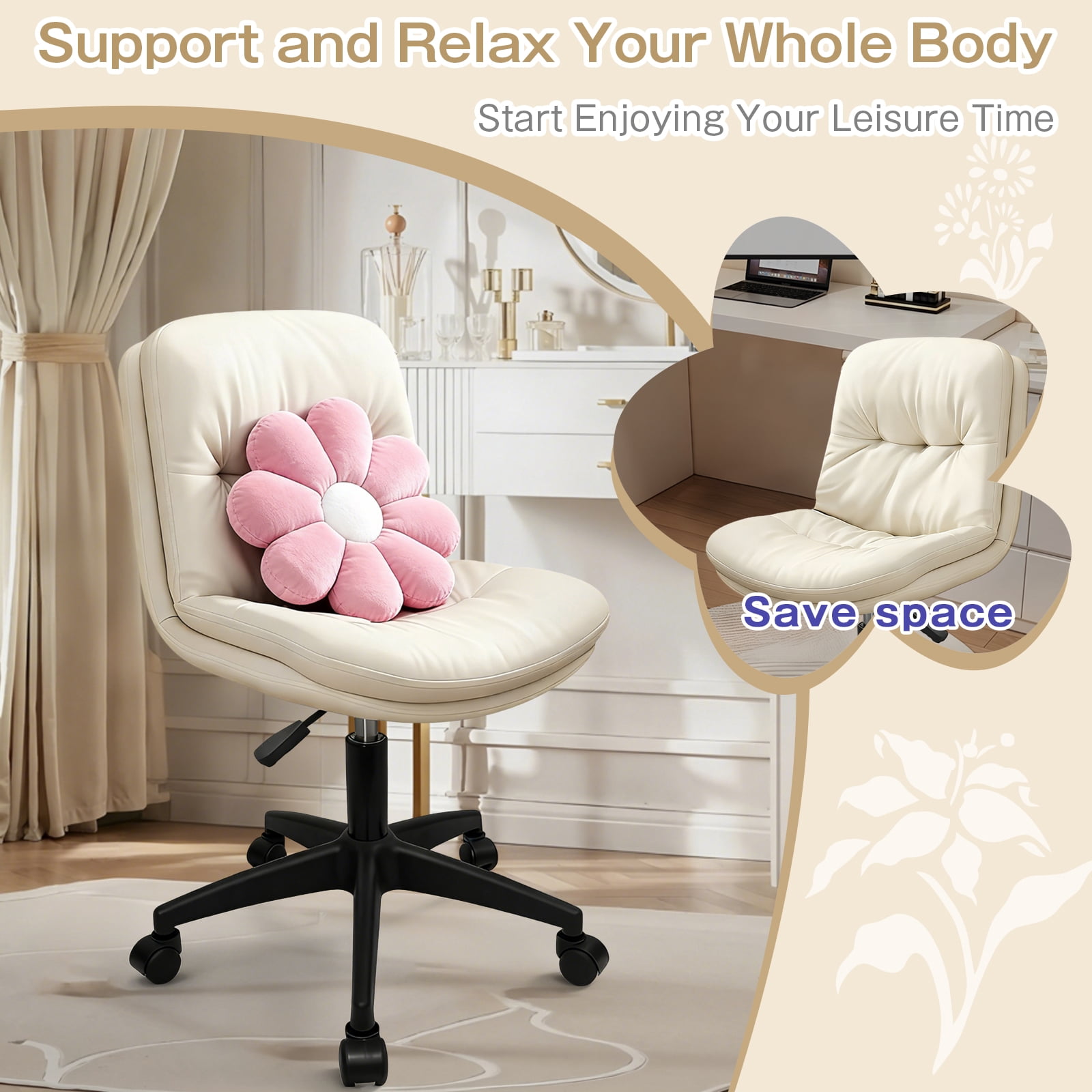 Vanity Chair with Back, PU Leather Swivel Office Desk Chair, Height Adjustable Armless Chair for Small Spaces, Bedroom, Vanity, Home Office Beige