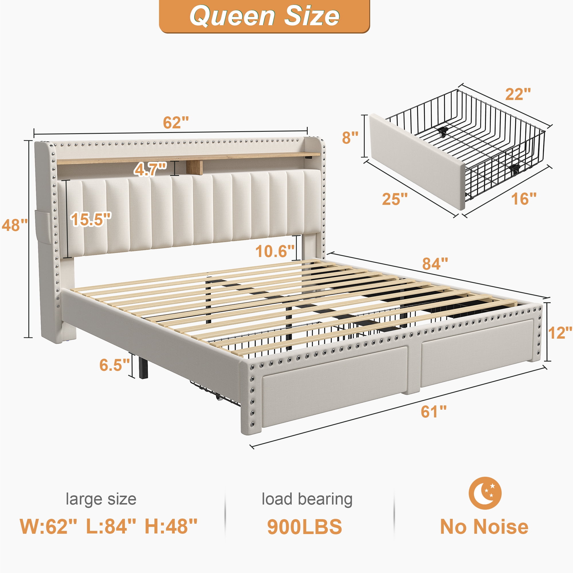 EnHomee Queen Bed Frame with Headboard and Storage,Upholistered Queen Bed with Drawers Beige Queen Storage Bed with 2 Large Drawers,Beige Bed Frame with Storage, Beige