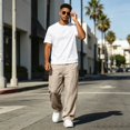 thumbnail image 6 of Dweltoz Men Linen Cargo Pants Baggy Elastic Waist Trousers Lightweight Breathable Wide Straight Leg Workwear with Pockets,Khaki L, 6 of 6