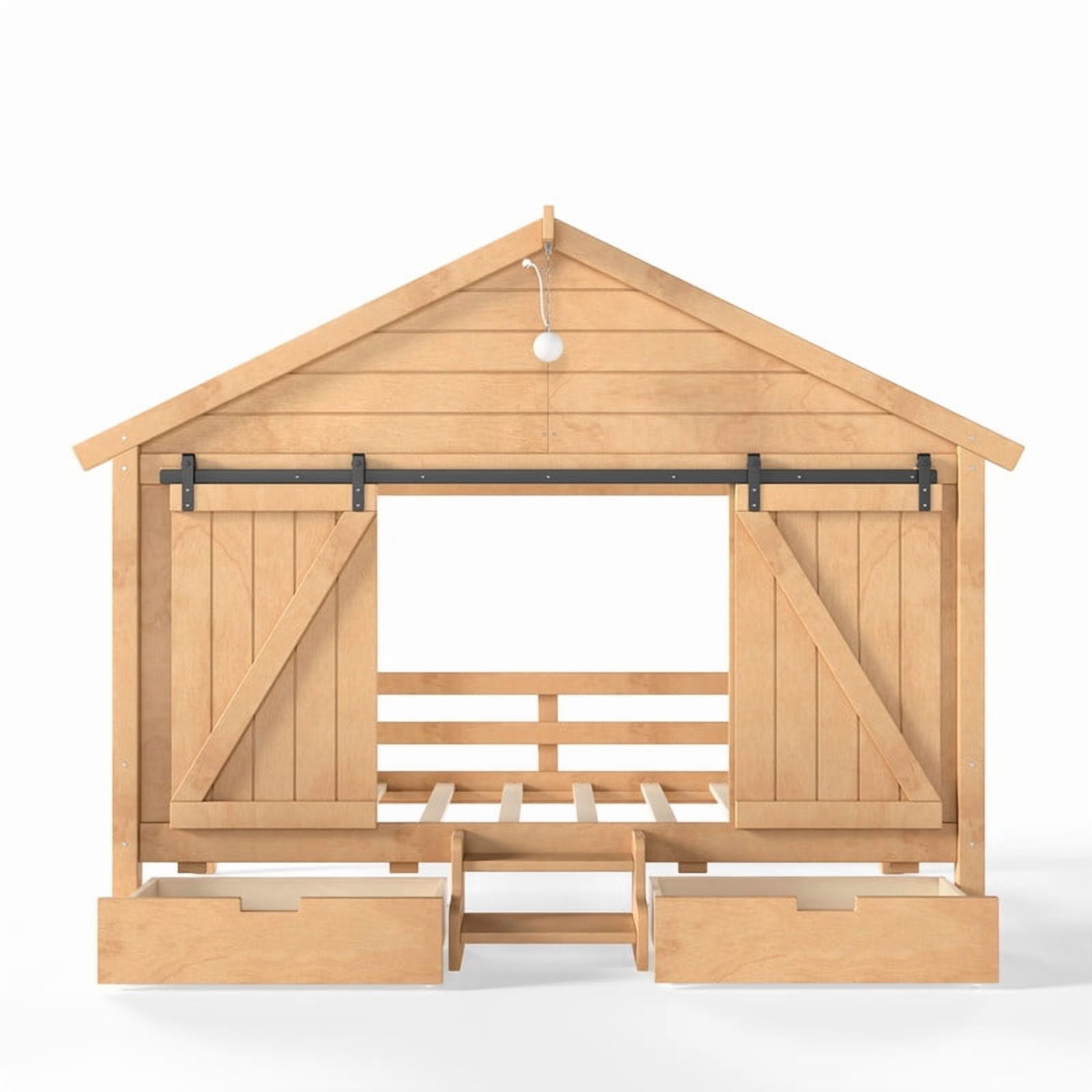 Twin Size Farmhouse House Bed with Sliding Barn Doors & Light Bulb, Wood Kid's Platform Bed Frame with Stair & Drawers