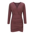 thumbnail image 5 of SMihono Fashion Women Trendy Plunge Ruched Long Sleeve Bodycon Dress V Neck Surplice Wrap Slim Mini Party Dress Bodycon Mini Dress Wine 4, 5 of 6