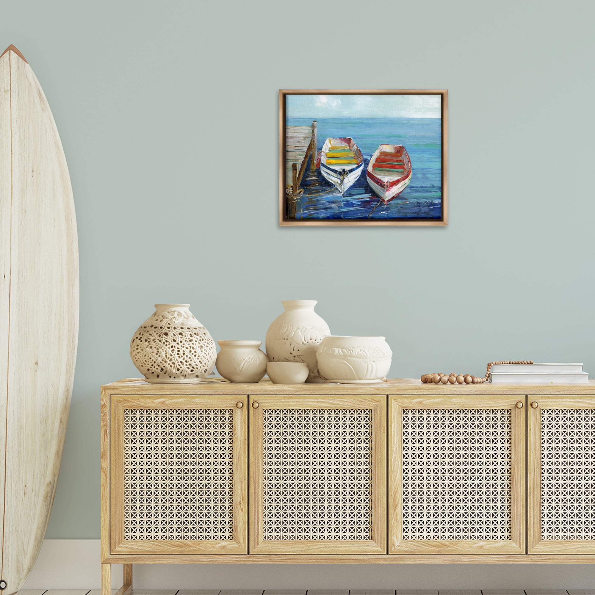 Stupell Industries Twin Boats by Dock Nautical & Beach Painting Brown Floater Framed Canvas Art Print Wall Art, 21 x 17