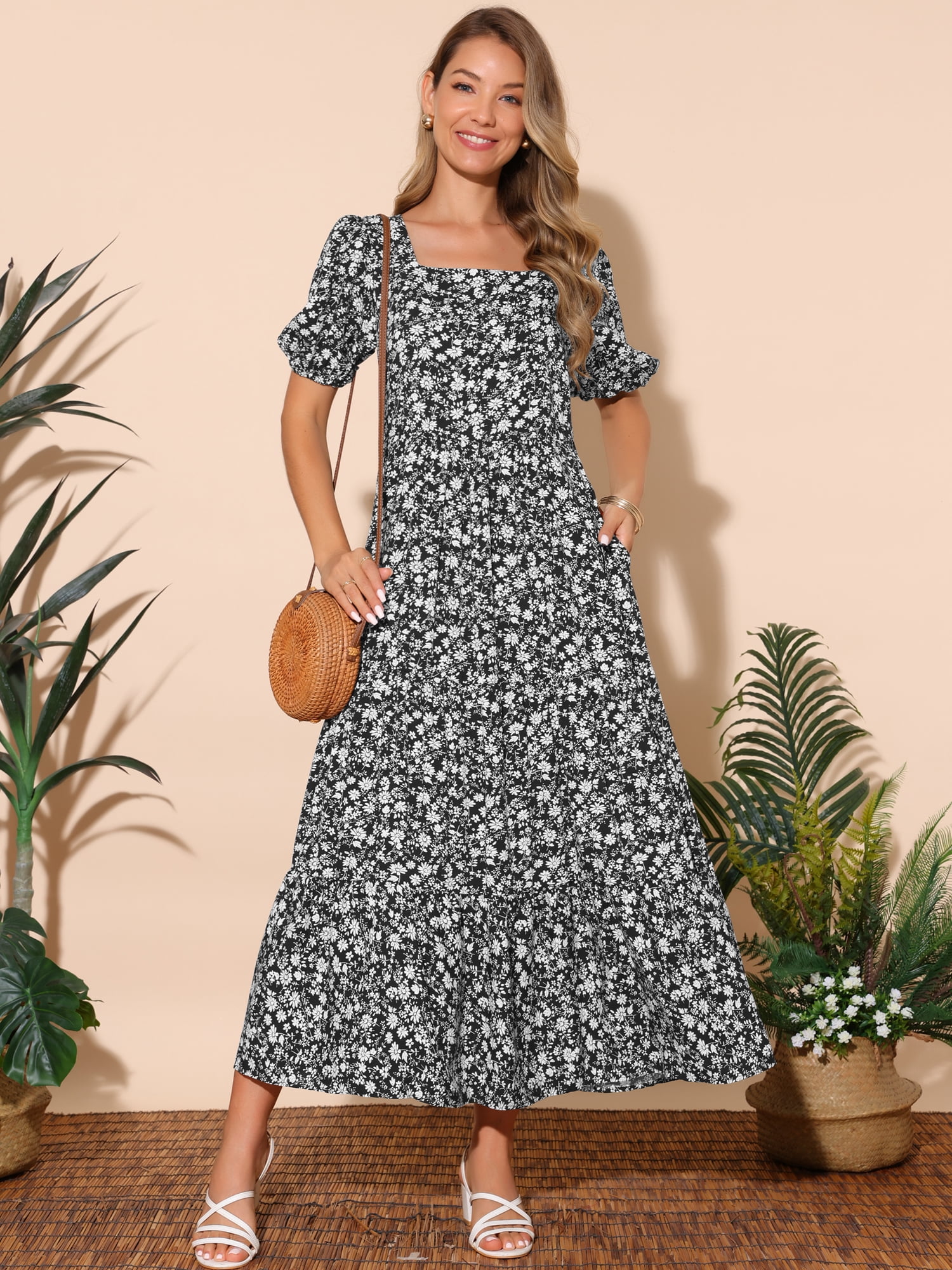 DARING DIVA Women's Floral Short Sleeve Square Neck Boho Casual Dress S Black