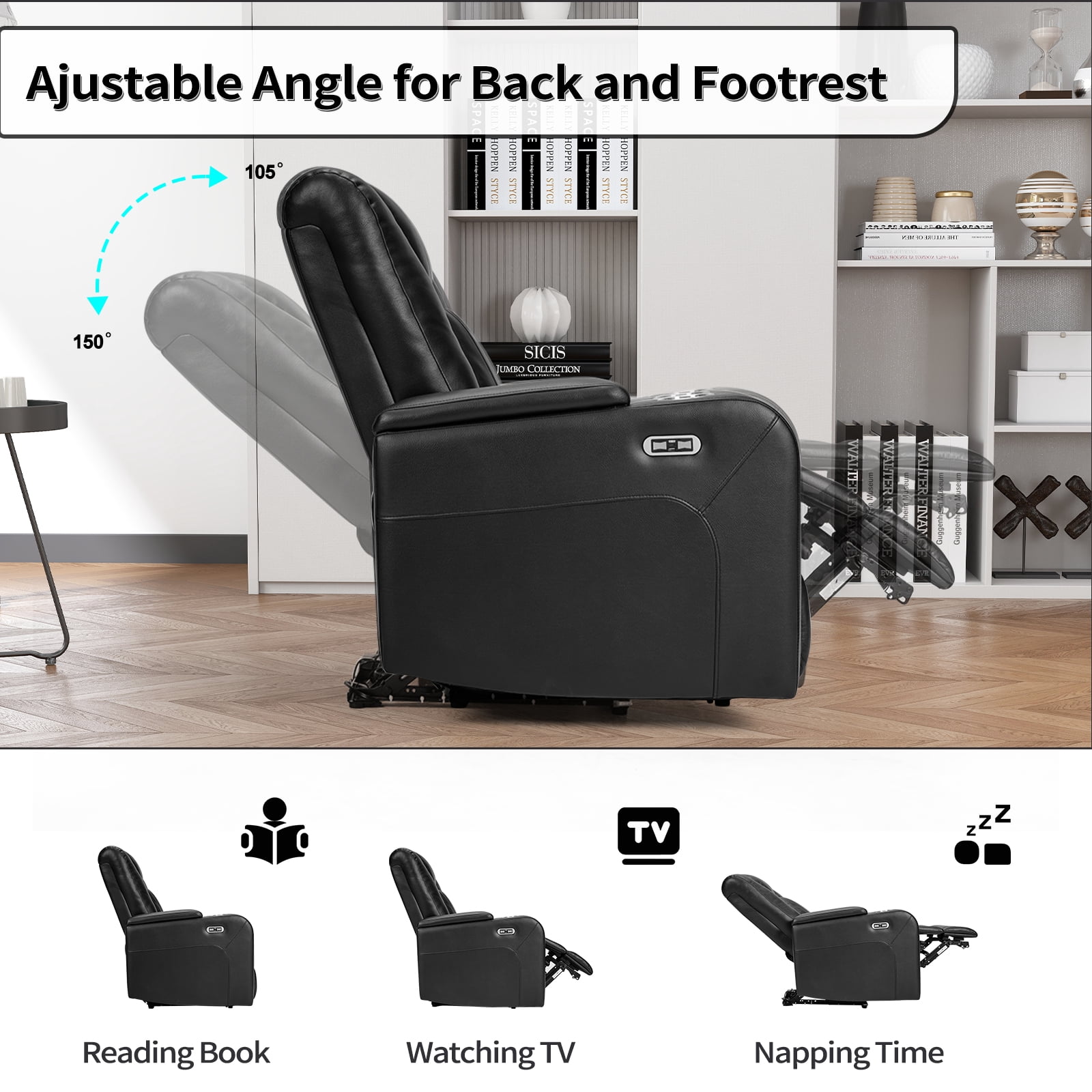 Bonzy Home Electric Power Recliner Chair, Breathable Leather, LED Light, USB Ports, Cup Holders, Hidden Storage, Home Theater Seating