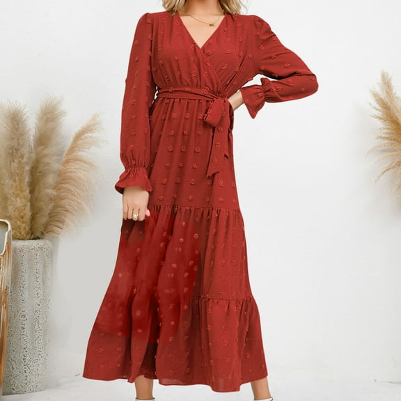 Rollbacks & More GaThRRgYP Women's Casual Dresses,Women's Fashion Long Sleeve Print V-Neck Ladies Holiday Outing Long Dress