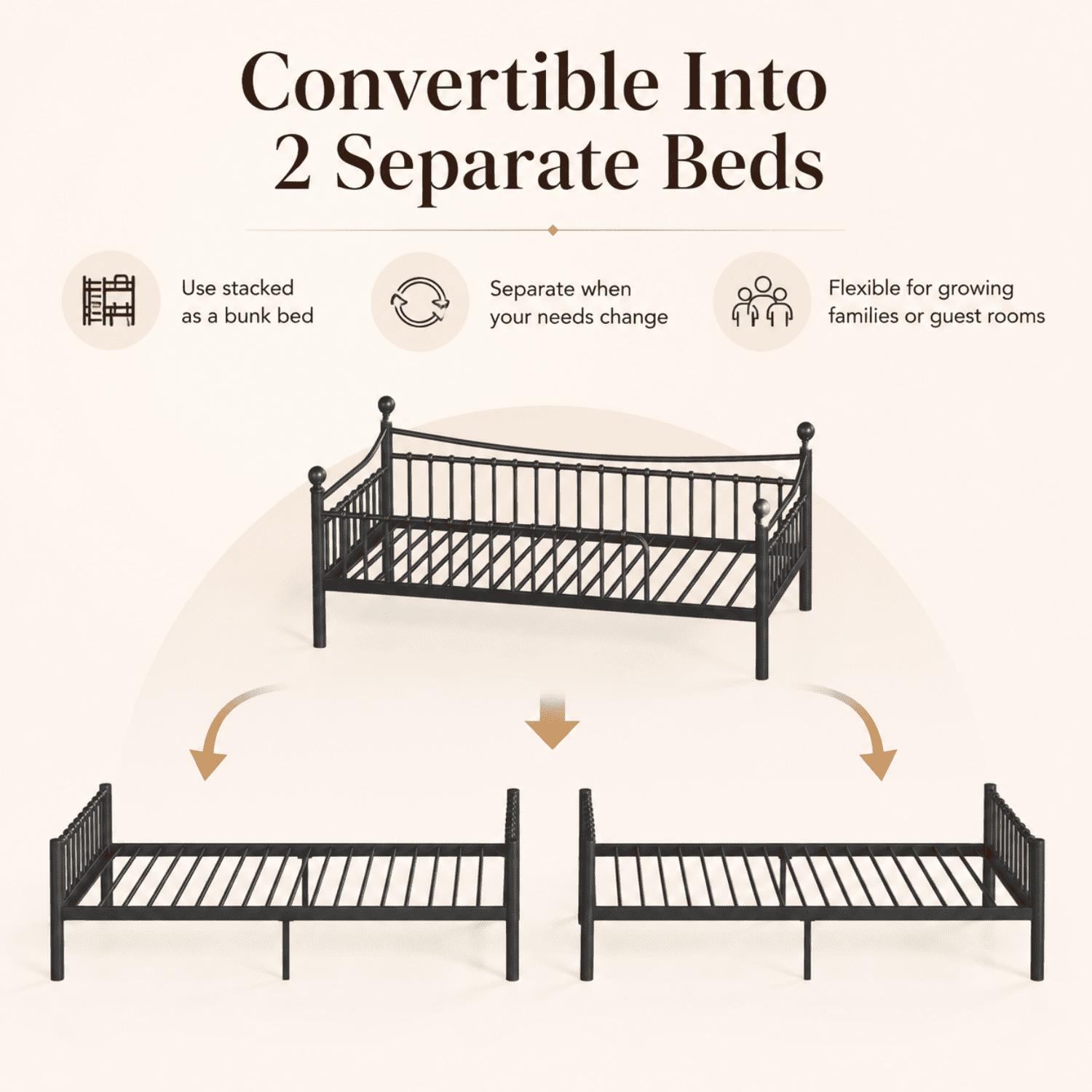 Miniyam Twin XL over Twin XL Metal Bunk Bed Frame with Curved Guardrails and Ladder, Space Saving Design, Black