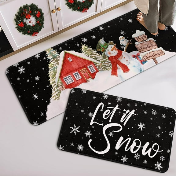 Christmas Kitchen Mats for Floor 2 Pieces, Washable Absorbent Kitchen Rugs Non Slip for Christmas Decor, Snowman Black Christmas Door Mat and Rug, 17''''x47'''' 17''''x29''''