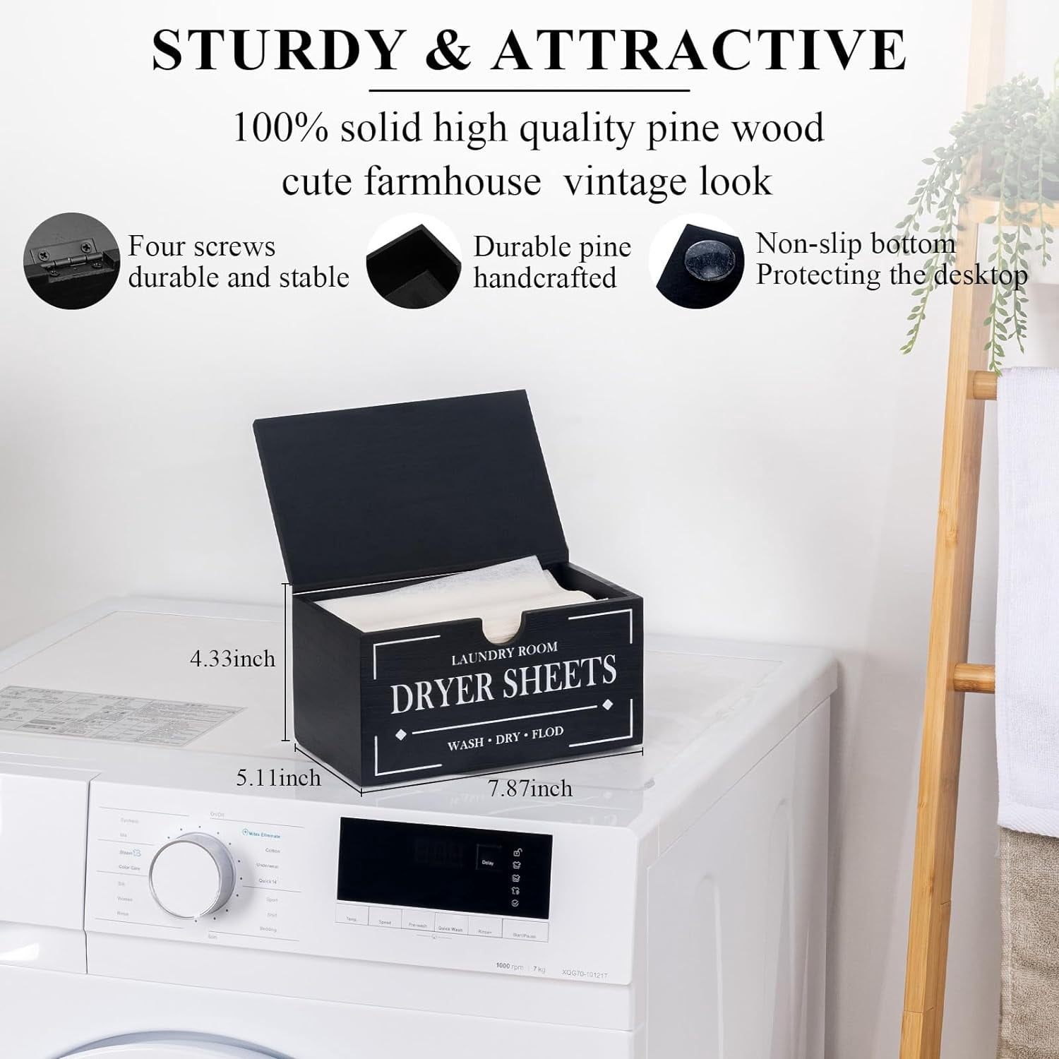 Dryer Sheet Holder-Black Dryer Sheet Container with Lid,Wooden Laundry Room Organization and Storage,Rustic Farmhouse Dryer Sheet Dispenser for Laundry Room Decor,Fabric Softener Containers