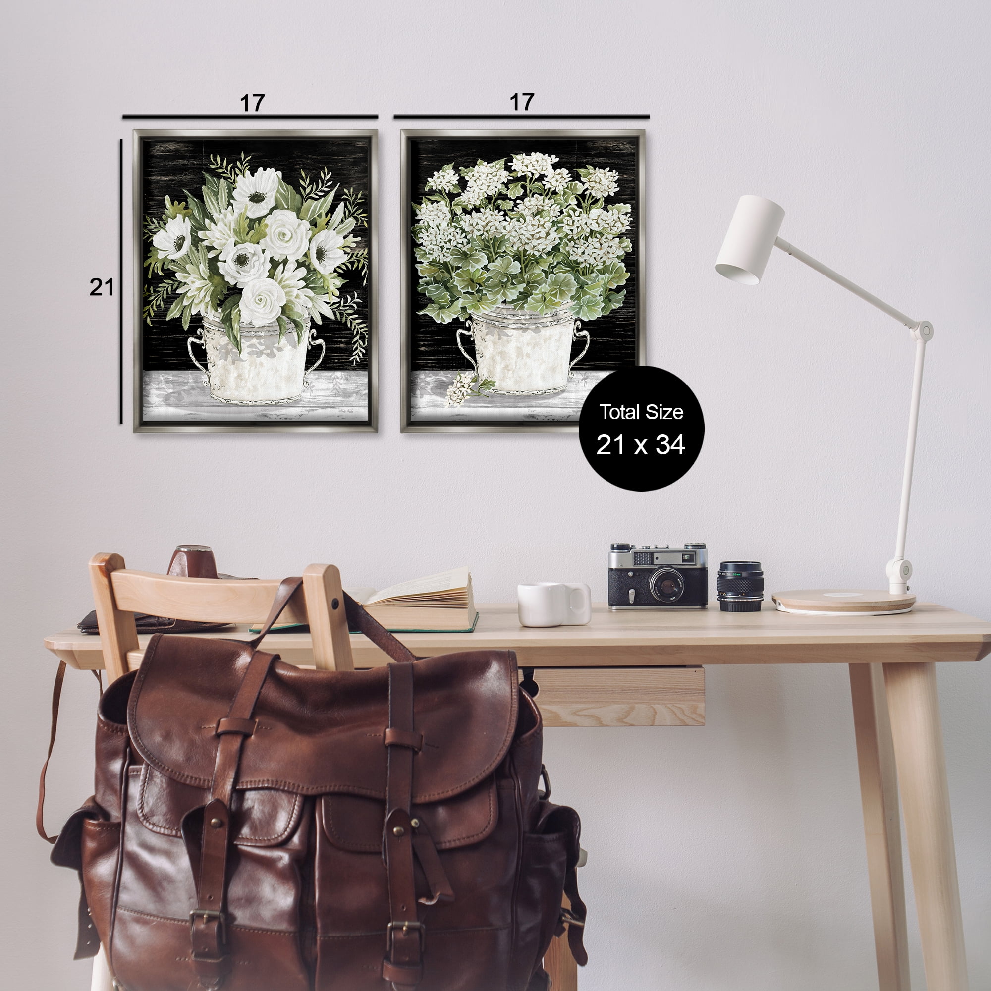 Stupell Industries Country Tins of Flowers Floral & Botanical Painting Gray Floater Framed Canvas Art Print Wall Art, 17 x 21, Set of 2