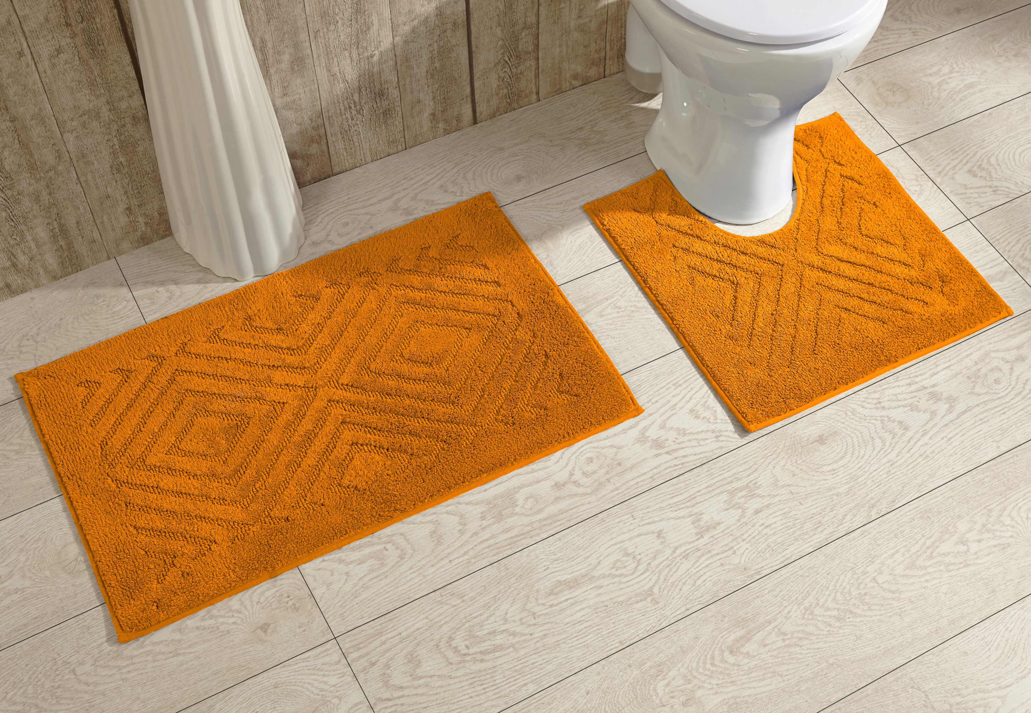 Orange 3 Piece Premium Polypropylene Bath Rugs Set with Blocks Design 