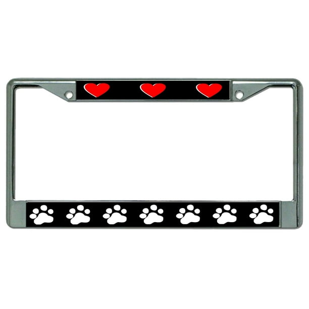 Paw Prints And Hearts Chrome License Plate Frame