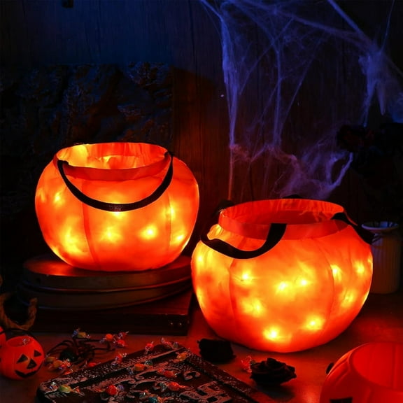 Shappy 2 Pieces Light up Halloween Trick or Treat Bucket Pumpkin Candy Bags Multipurpose Reusable Orange Goody Bucket for Kids Trick or Treating Halloween Birthday Party Favors Supplies