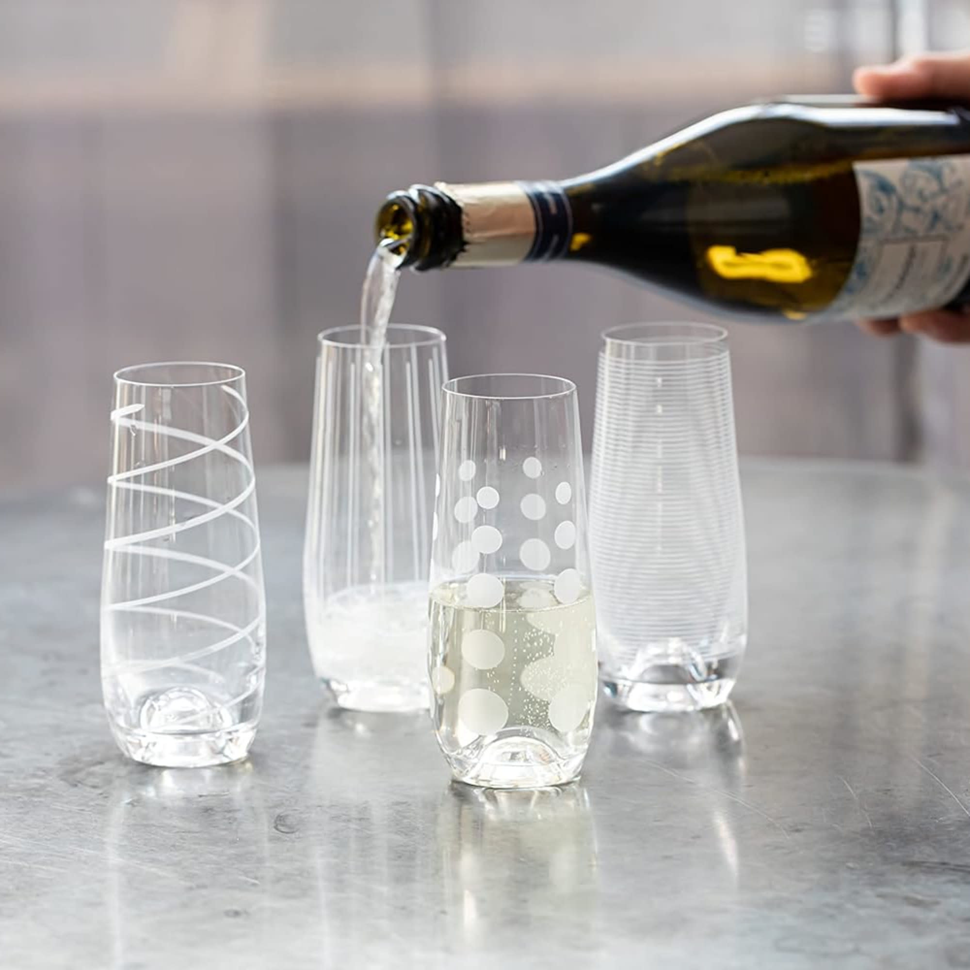 Mikasa Cheers Stemless Flutes, Set of 4 - 7.5 Oz Crystal Champagne Glasses with Playful Dot, Line & Swirl Designs - Unique Toasting Glassware for Sparkling Wine & Cocktails, Lead-Free