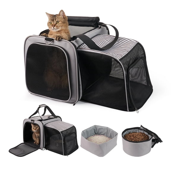 Gray Soft Pet Carrier with Litter Box, Expandable for Travel, Holds Up to 20 Lbs