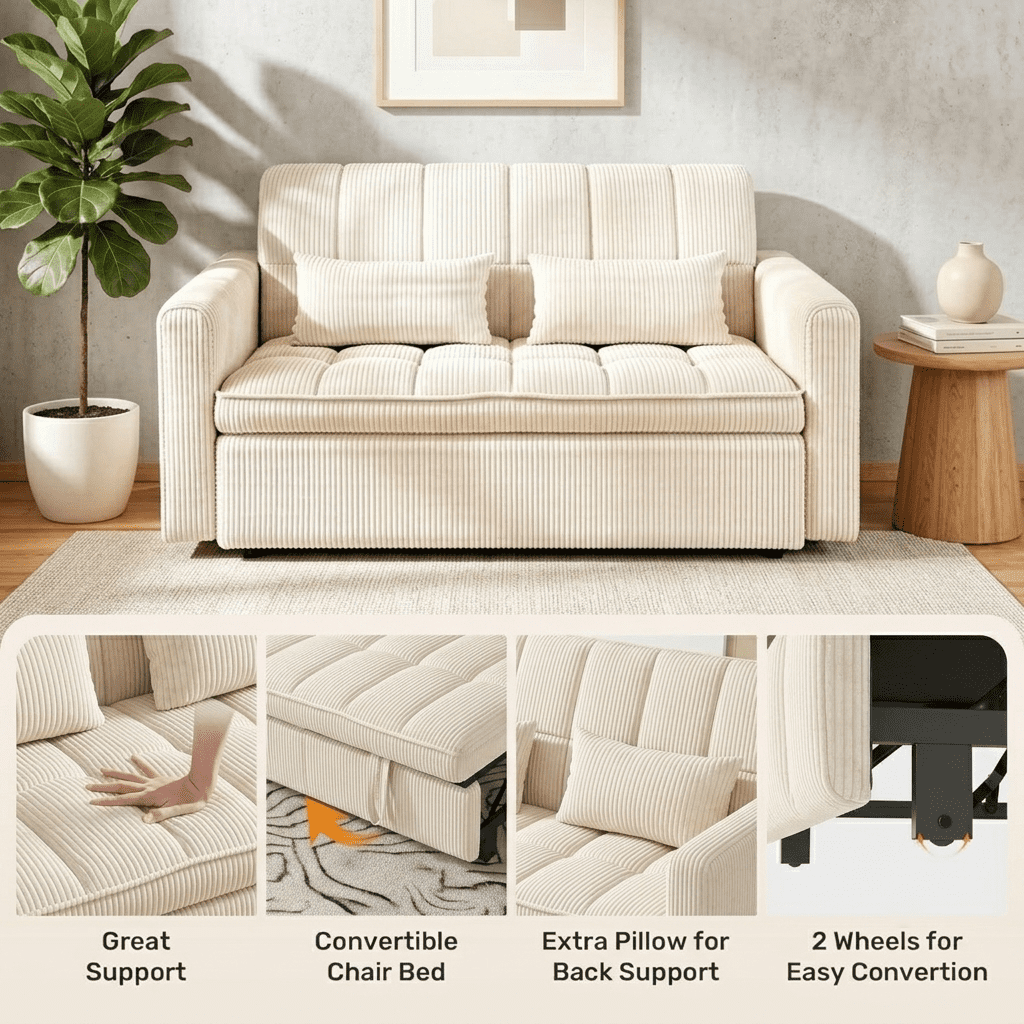 Howcool Sleeper Sofa Bed, Pull Out Couch, 3-in-1 Convertible Loveseat Sofa with Adjustable Backrest, Corduroy Couch for Living Room, Apartment & Small Space, Beige
