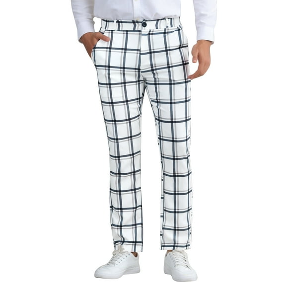 INSPIRE CHIC Plaid Printed Pants for Men's Regular Fit Flat Front Office Checked Slacks 28 White