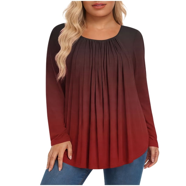 Mujeres de Manga Larga Tops Casual de Moda Gradiente Impresión Cuello Redondo Plegado Tamaño Superior para Uso Diario Y de Fiesta