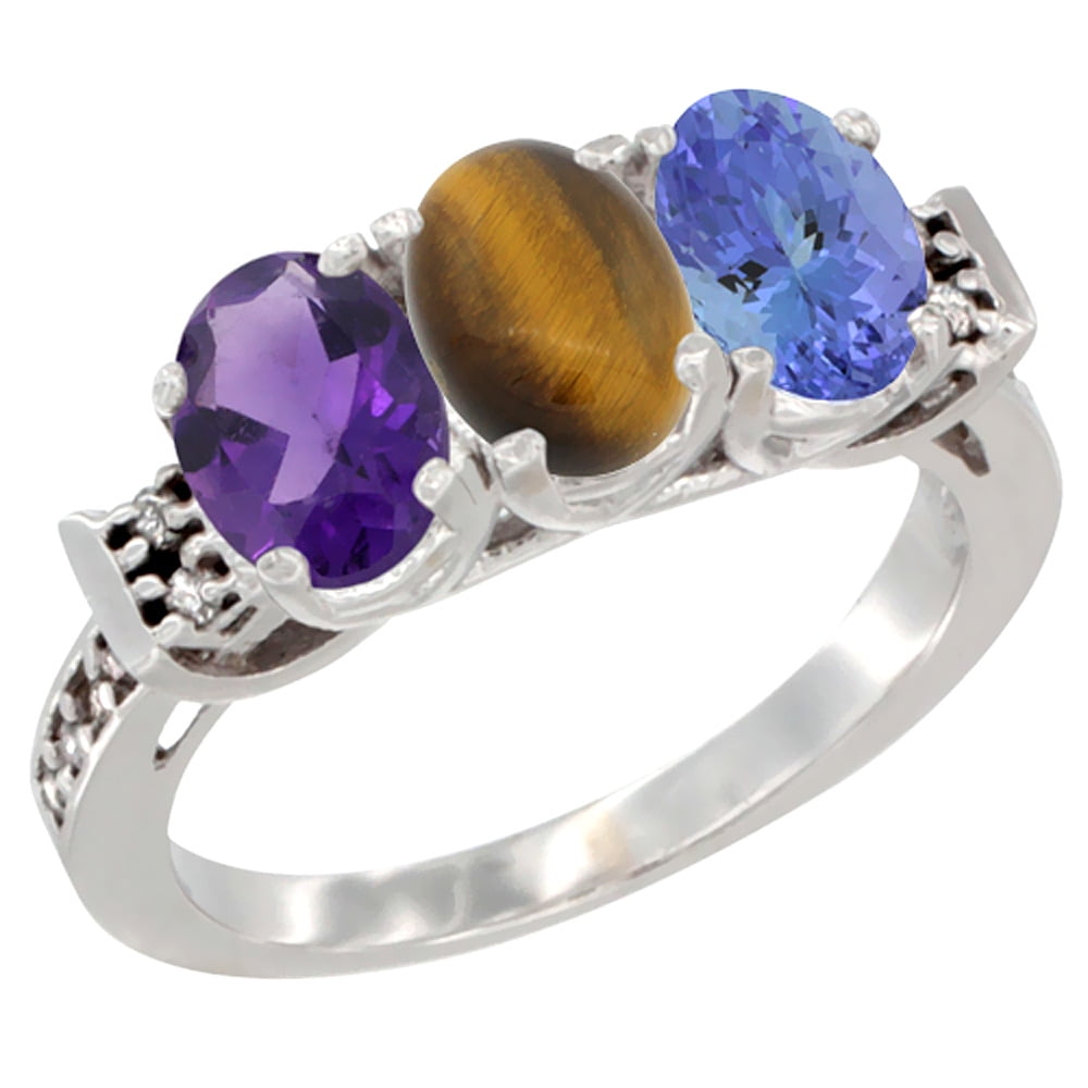 14K White Gold Natural Amethyst, Tiger Eye & Tanzanite Ring 3-Stone 7x5 mm Oval Diamond Accent, sizes 5 10 by WorldJewels